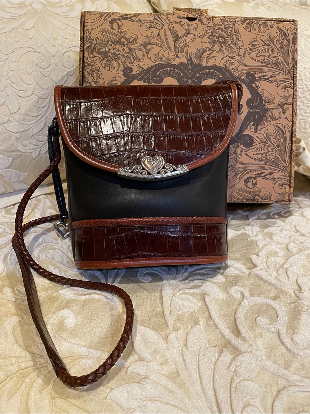 Brown and Black Leather Crossbody Bag with Croc Embossed Flap